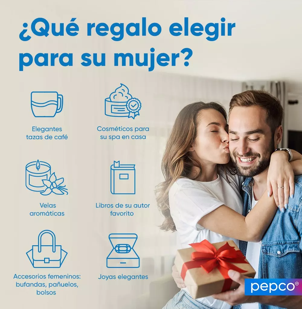 Pareja feliz con regalo, mujer besa al hombre. Texto: ¿Qué regalo elegir para su mujer? Marca Pepco.