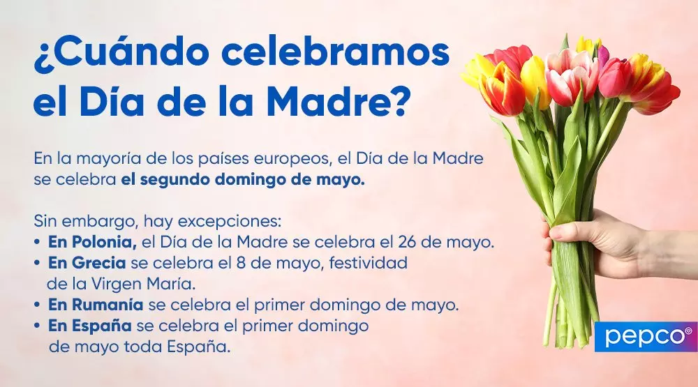 Mano sosteniendo un ramo de tulipanes amarillos y rojos junto a texto sobre el Día de la Madre.