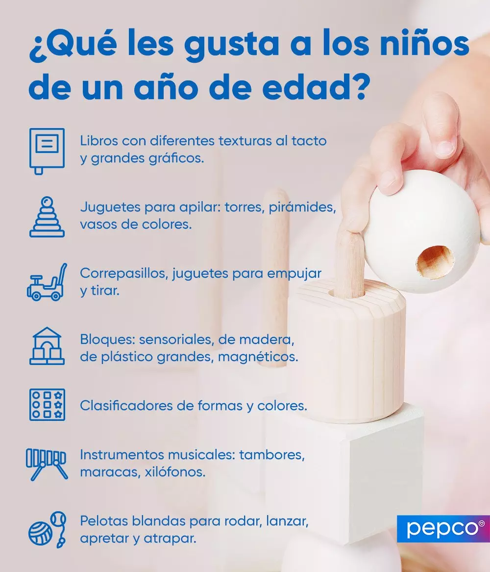 Infografía sobre juguetes recomendados para niños de un año, con mano sosteniendo juguete de madera.