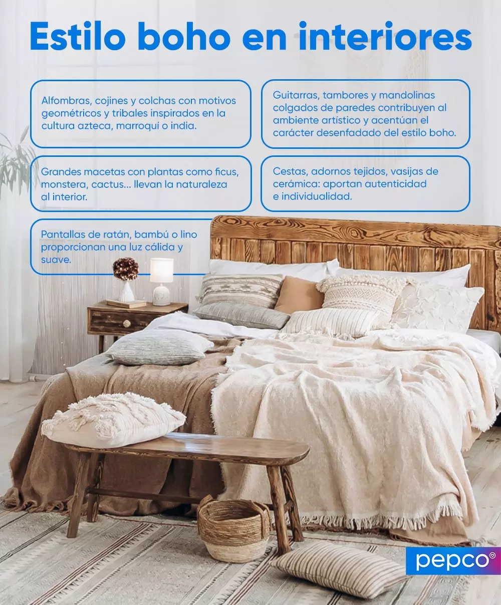 Dormitorio de estilo boho con cabecero de madera, textiles en tonos neutros y elementos decorativos.