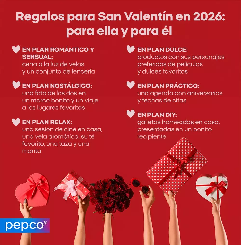 Manos sosteniendo regalos de San Valentín con texto sobre ideas románticas para ella y él de Pepco.