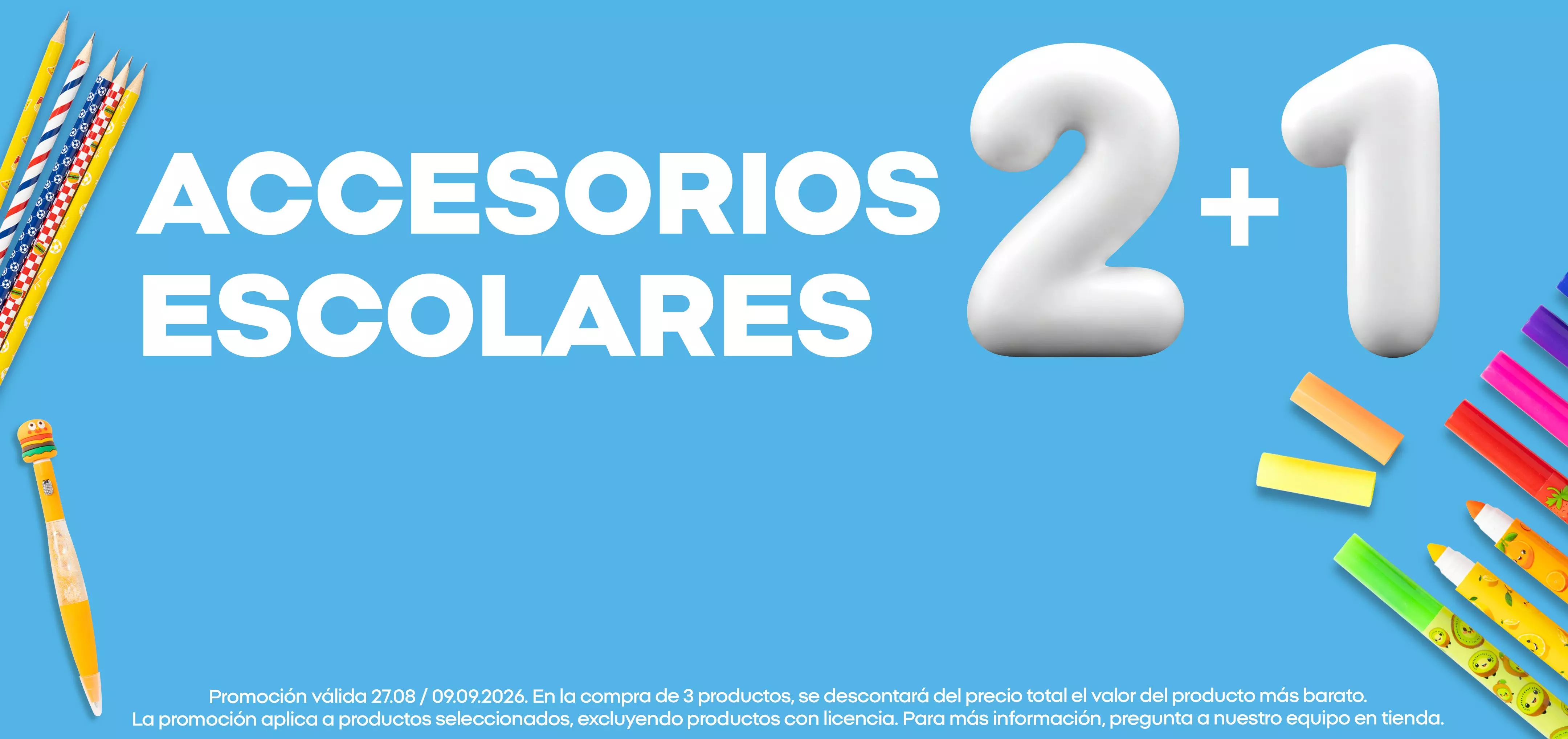 Promoción de accesorios escolares 2+1 de Pepco con lápices y gomas de colores decorativos.