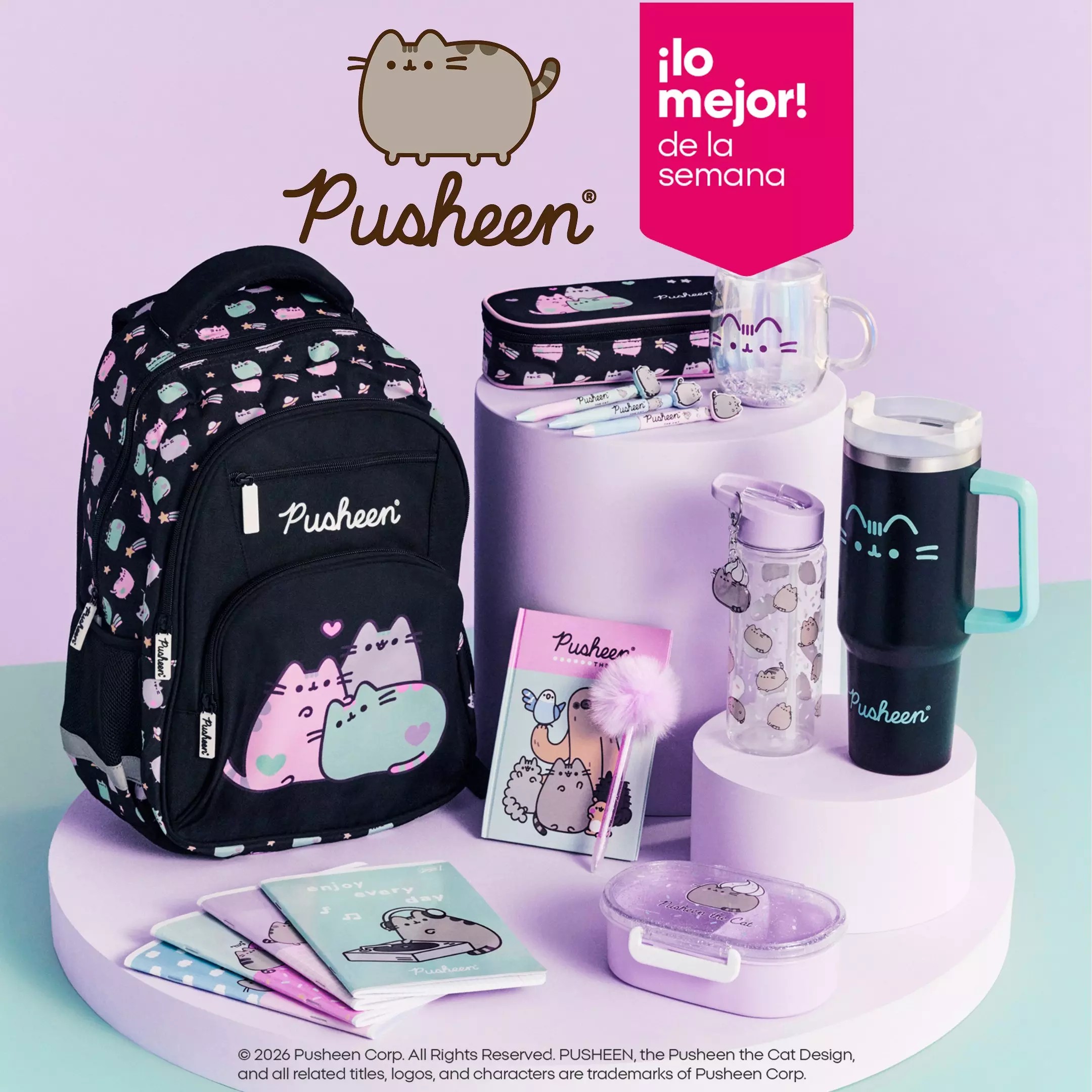 Colección Pusheen de Pepco con mochila, estuche, botellas, cuadernos y accesorios escolares.