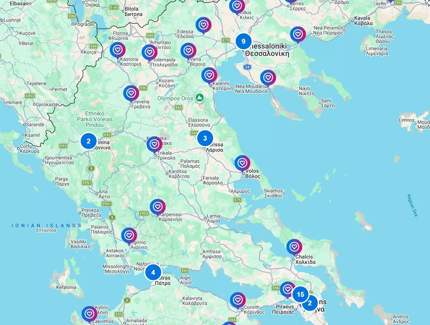 Χάρτης καταστημάτων Pepco στην Ελλάδα με σημεία τοποθεσίας και αριθμούς που δείχνουν πολλαπλά καταστήματα.