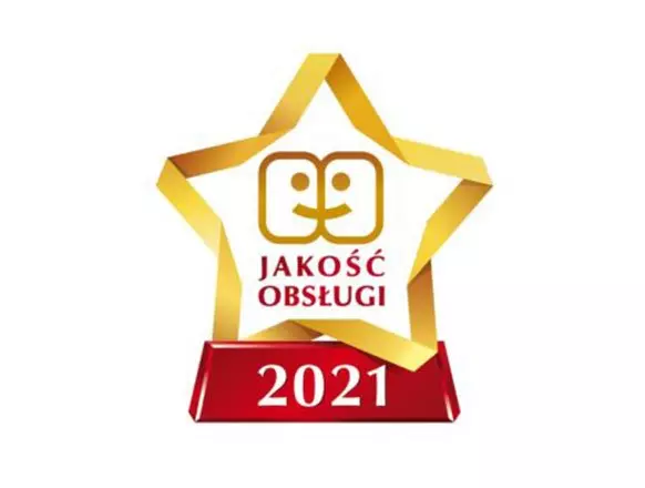 Pepco quality service award featuring a gold star with JAKOŚĆ OBSŁUGI text and 2021 on red base.