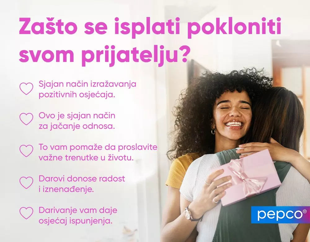 Dvije žene se grle dok jedna drži ružičasti poklon, Pepco logotip u kutu.