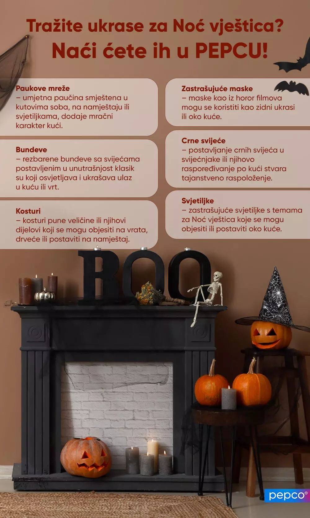 Promocijski prikaz Halloween dekoracija s bundavama, svijećama i kosturom uz kamini, Pepco.
