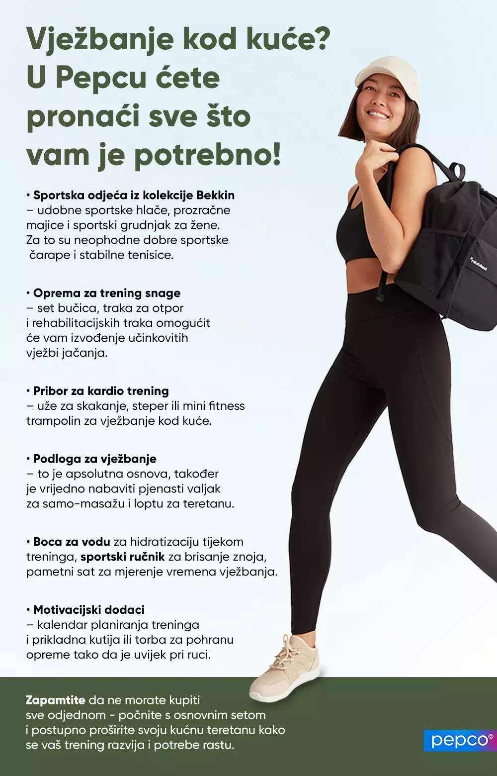 Žena u sportskoj odjeći s crnim ruksak, u kapi i tenisicama, promovira Pepco sportsku opremu.