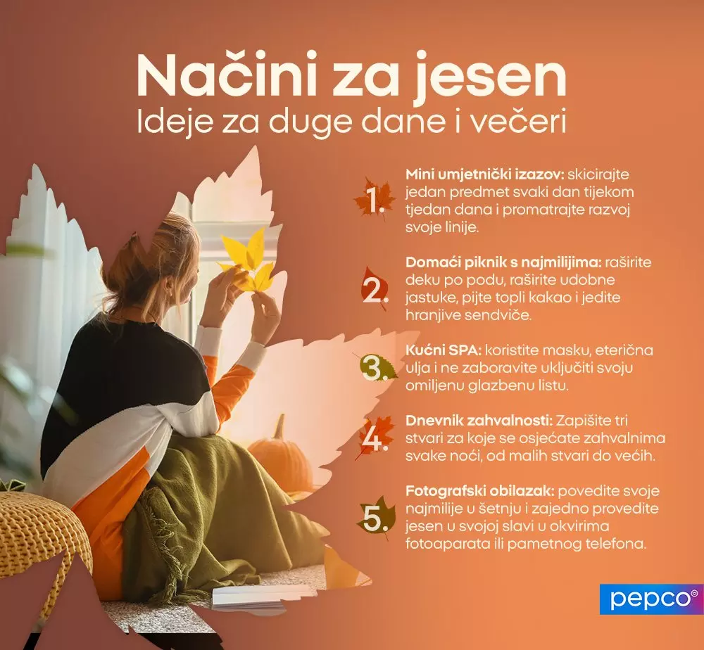 Pepco jesenski plakat s osobom koja drži žuti list i popisom pet jesenskih aktivnosti za duge dane i večeri.