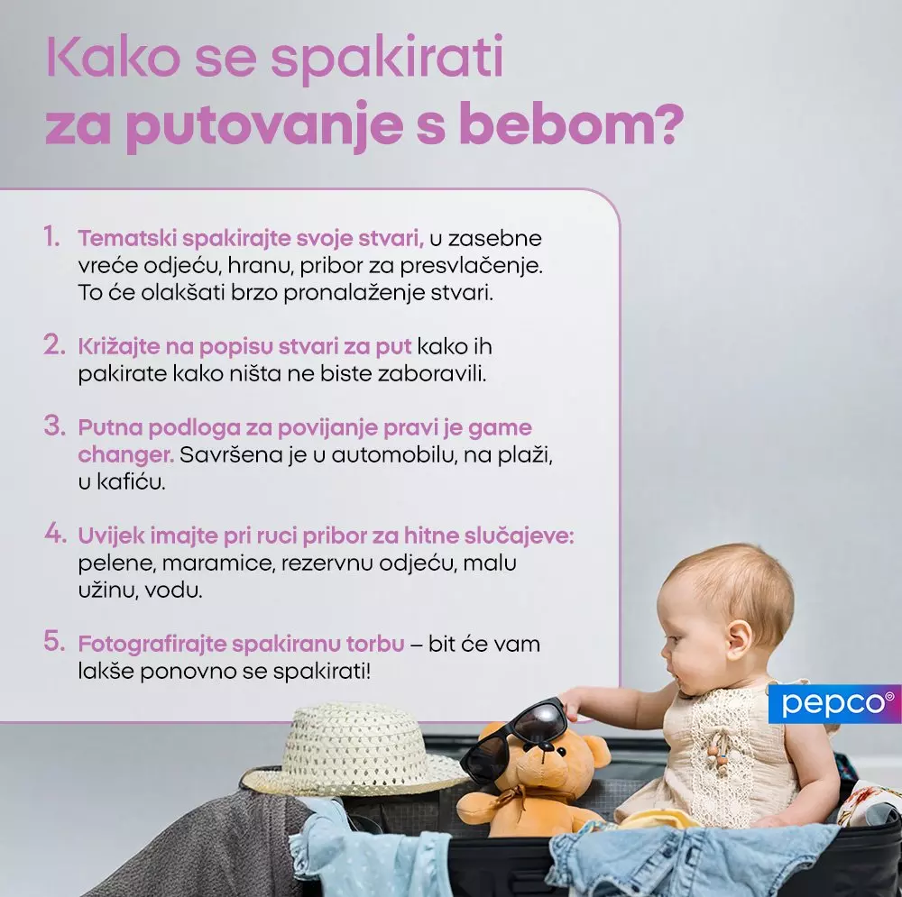 Beba sjedi u koferu s igračkama uz Pepco logotip i savjete za pakiranje za putovanje s bebom.