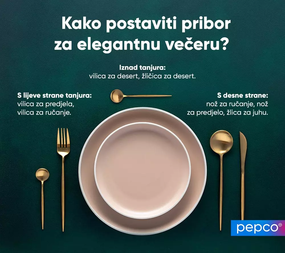 Infografika prikazuje elegantni raspored zlatnog pribora i tanjura s uputama za postavljanje stola.
