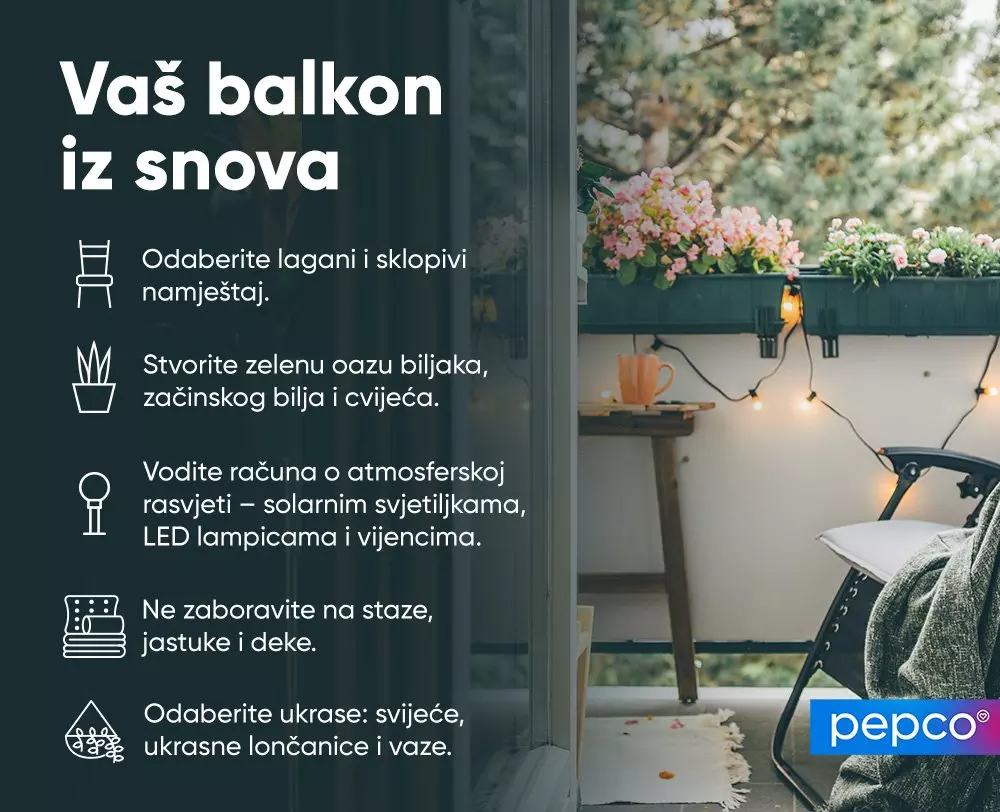 Pepco oglas za uređenje balkona s pet savjeta i prikazom ugodnog balkona s cvijećem, svjetlećim lampicama i udobnom stolicom.