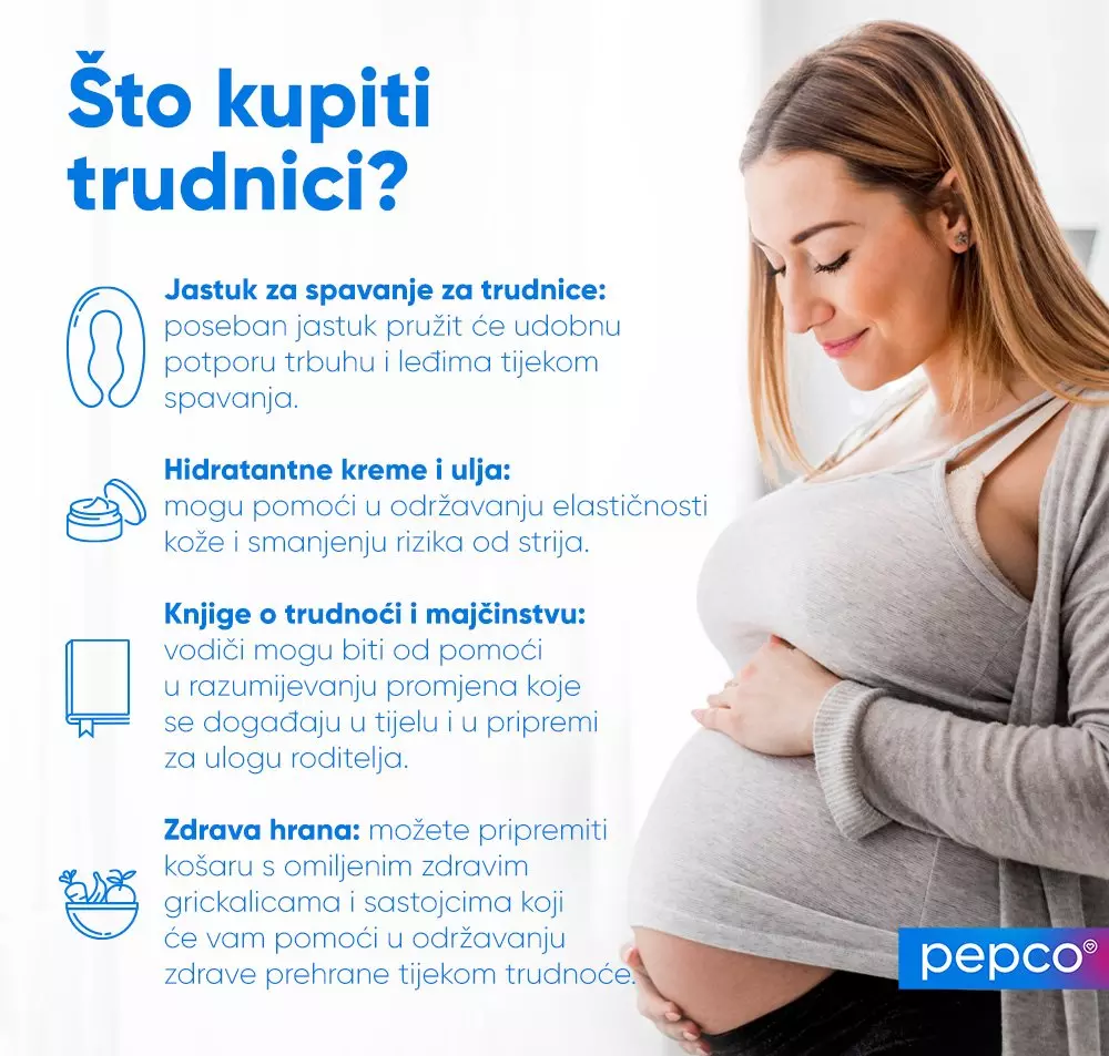 Trudna žena drži trbuh, informativni prikaz proizvoda za njegu tijekom trudnoće, Pepco brend.