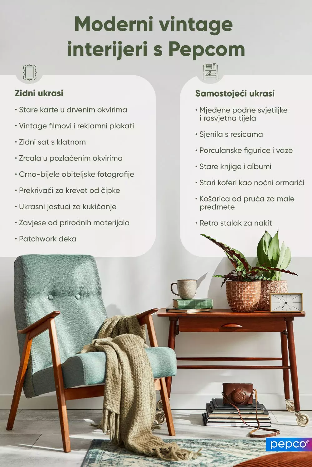 Moderni vintage dnevni boravak s tirkiznom stolicom, drvenim stolićem i dekorativnim biljkama.