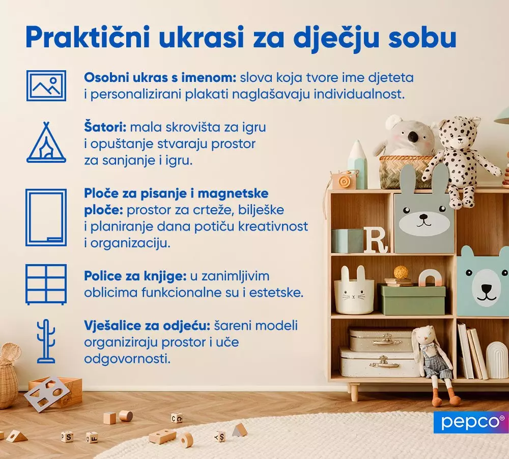 Pepco infografika prikazuje praktične dekoracije za dječju sobu s policama, igračkama i savjetima za uređenje prostora.