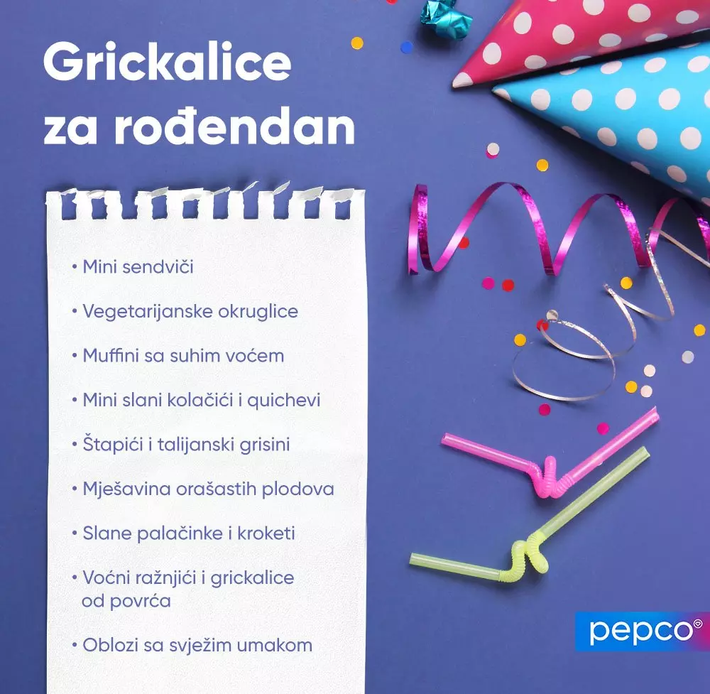 Rođendanske šarene kape s točkicama, konfete i ukrasne vrpce na ljubičastoj pozadini.