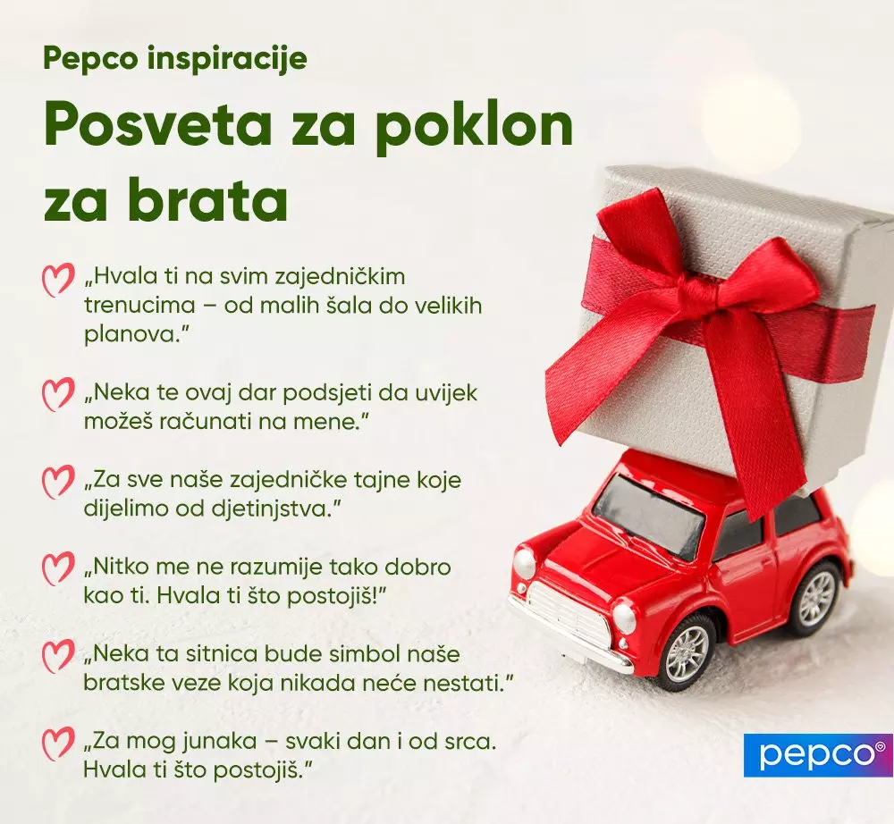 Pepco inspiracije za poklone bratu s idejama za posvete i slikom crvenog autića s poklon kutijom ukrašenom crvenom mašnom.