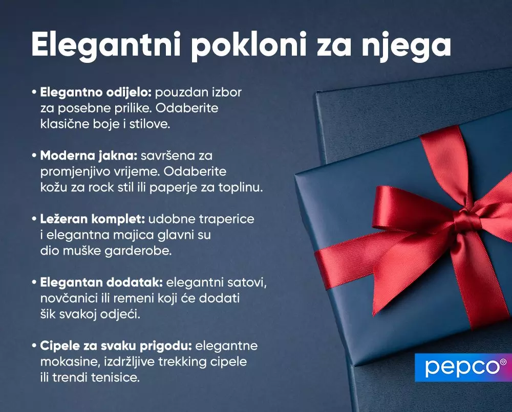 Plavi poklon paket s crvenom mašnom i tekstom o elegantnim poklon idejama, Pepco brend.