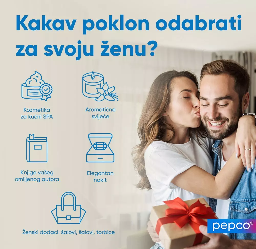 Žena ljubi muškarca u obraz dok drži poklon, s tekstom o idejama za poklone za žene.