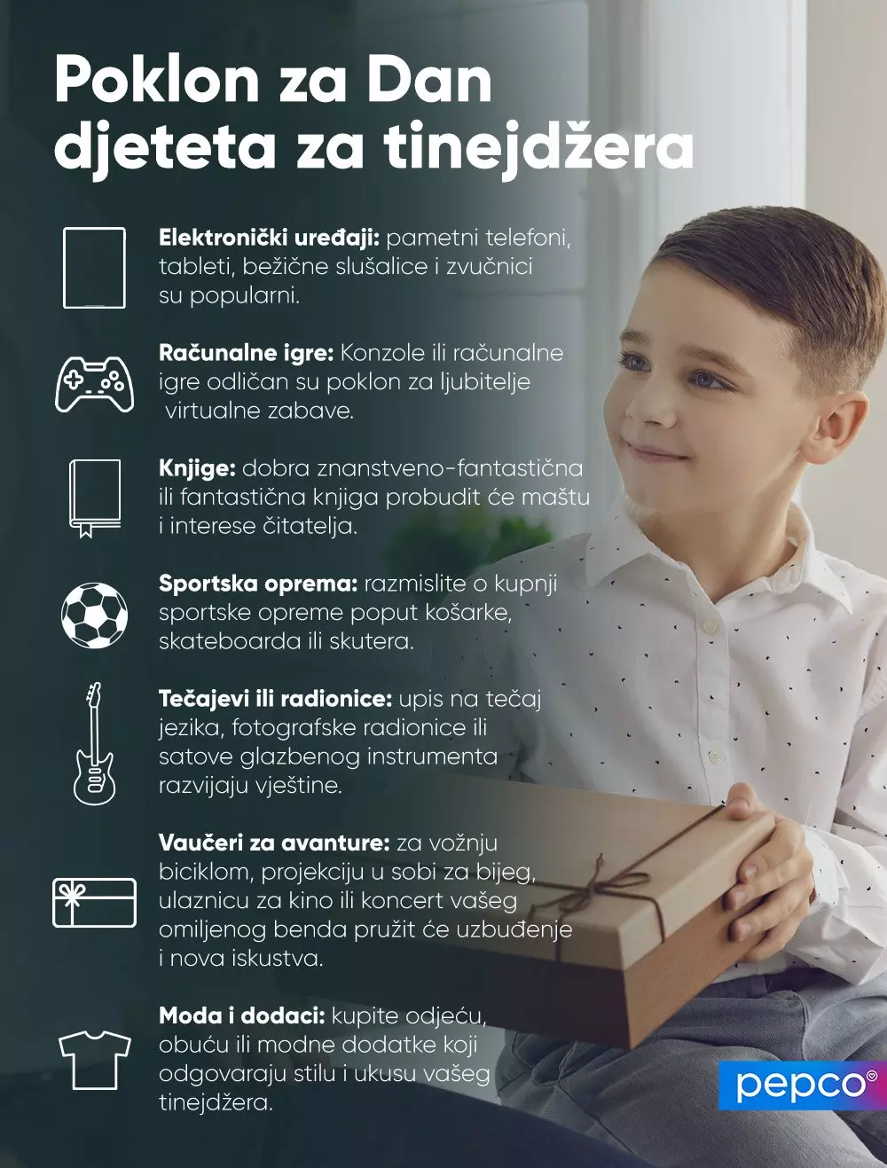 Pepco vodič za darove tinejdžerima za Dječji dan s prikazom dječaka koji drži zapakirani poklon i popisom ideja za poklone.