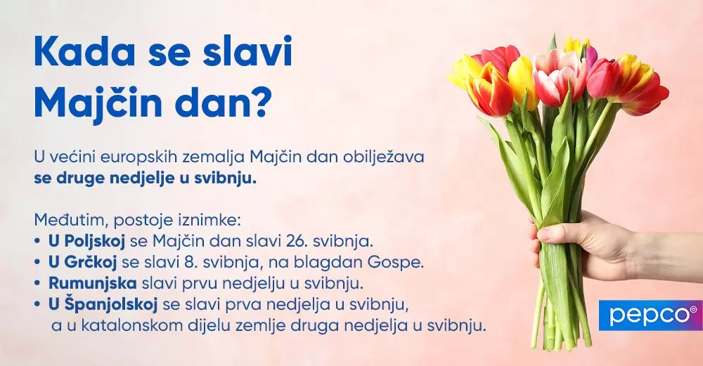 Ruka drži buket šarenih tulipana uz tekst o datumu obilježavanja Majčinog dana.