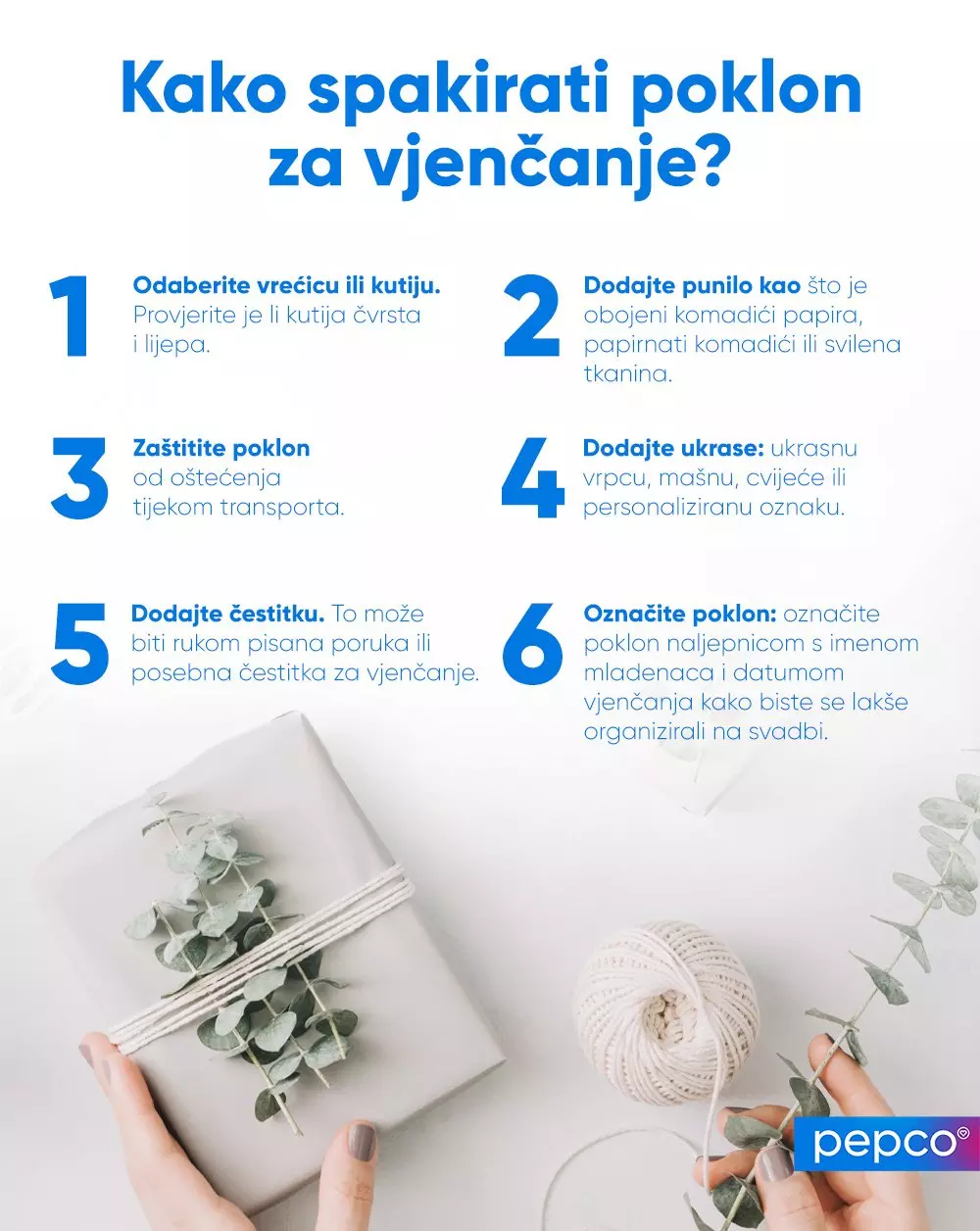 Infografika s uputama u 6 koraka za pakiranje poklona za vjenčanje, s pepco logotipom.
