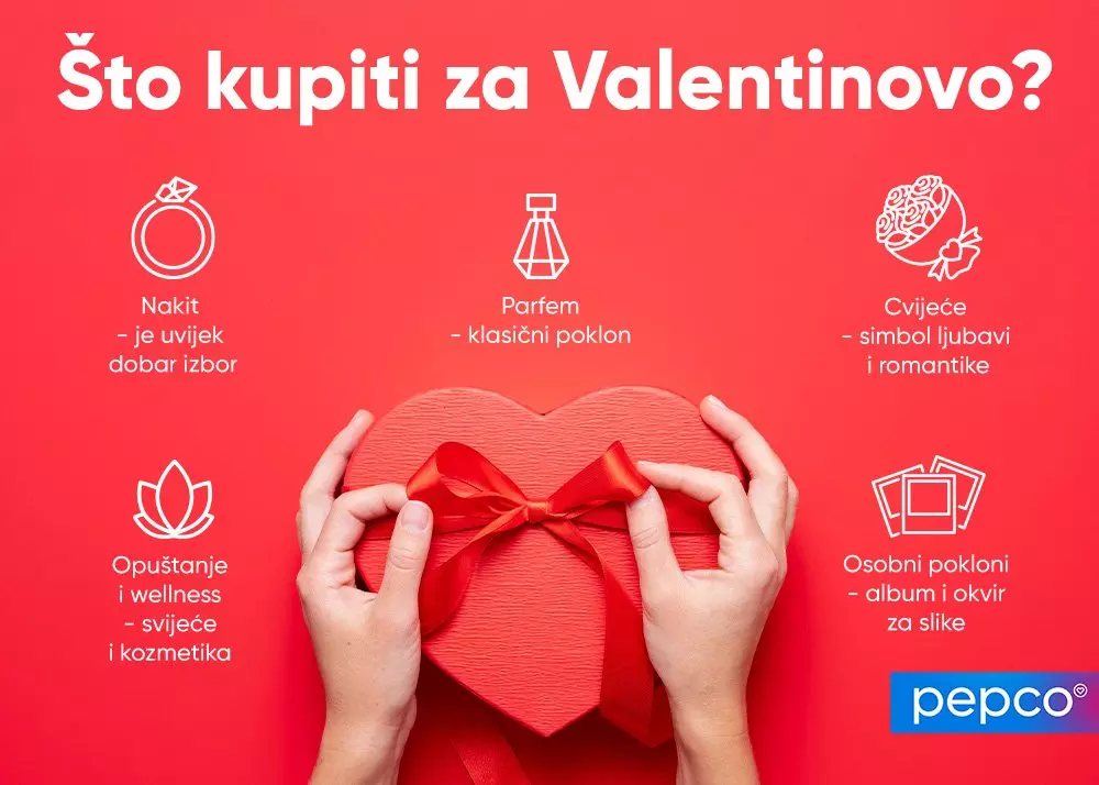 Ruke drže crvenu poklon kutiju u obliku srca s mašnom, prikazane su ideje za Valentinovo darove.