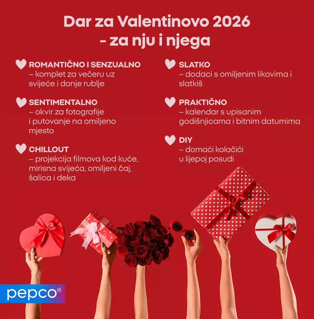 Ruke drže valentinske poklone uključujući srcoliku kutiju, ruže i umotane darove s Pepco logom.