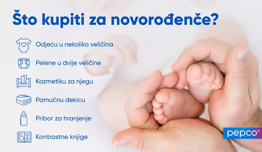 Ruke roditelja nježno drže stopala novorođenčeta uz tekst o proizvodima za bebe.