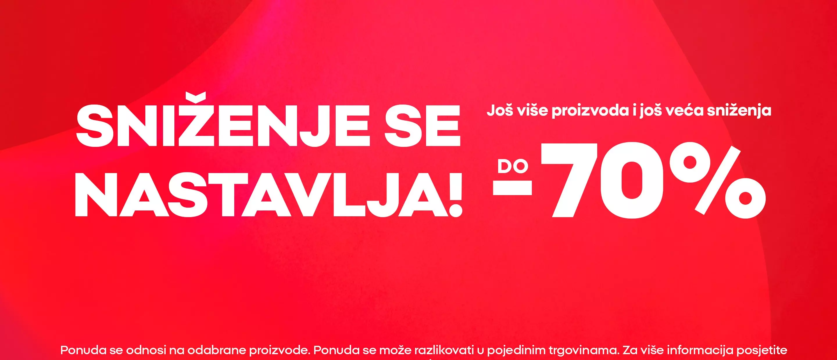 Pepco promotivni banner sa tekstom SNIŽENJE SE NASTAVLJA! do -70% na crvenom pozadinu.