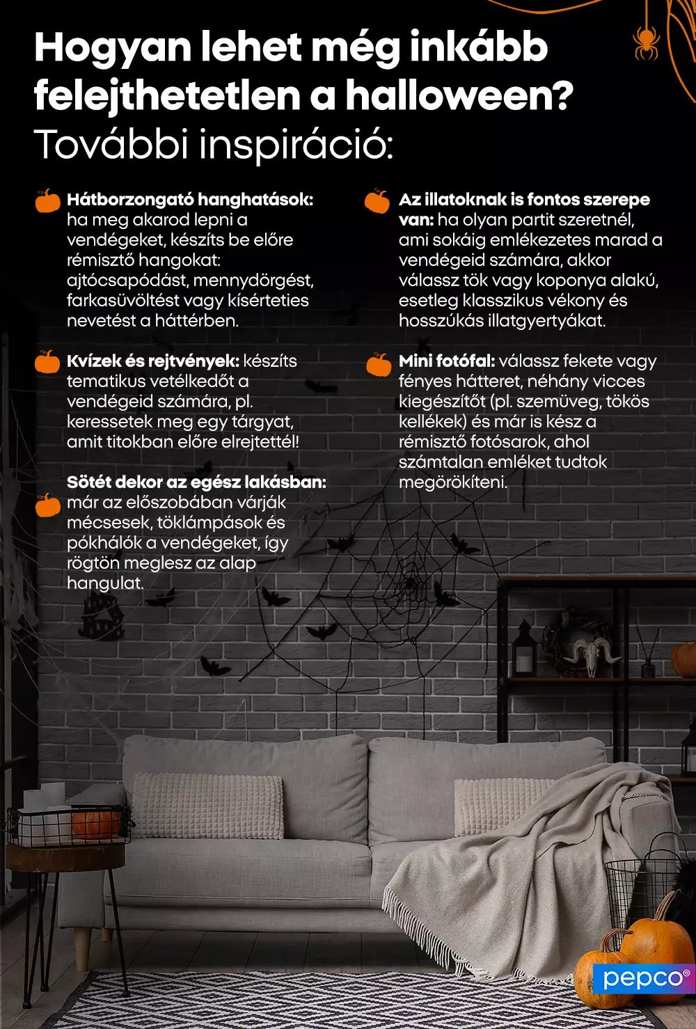 Halloween dekorációs ötletek infografikája, egy sötét nappali bemutatásával, ahol pókhálók és tökök díszítik a teret.