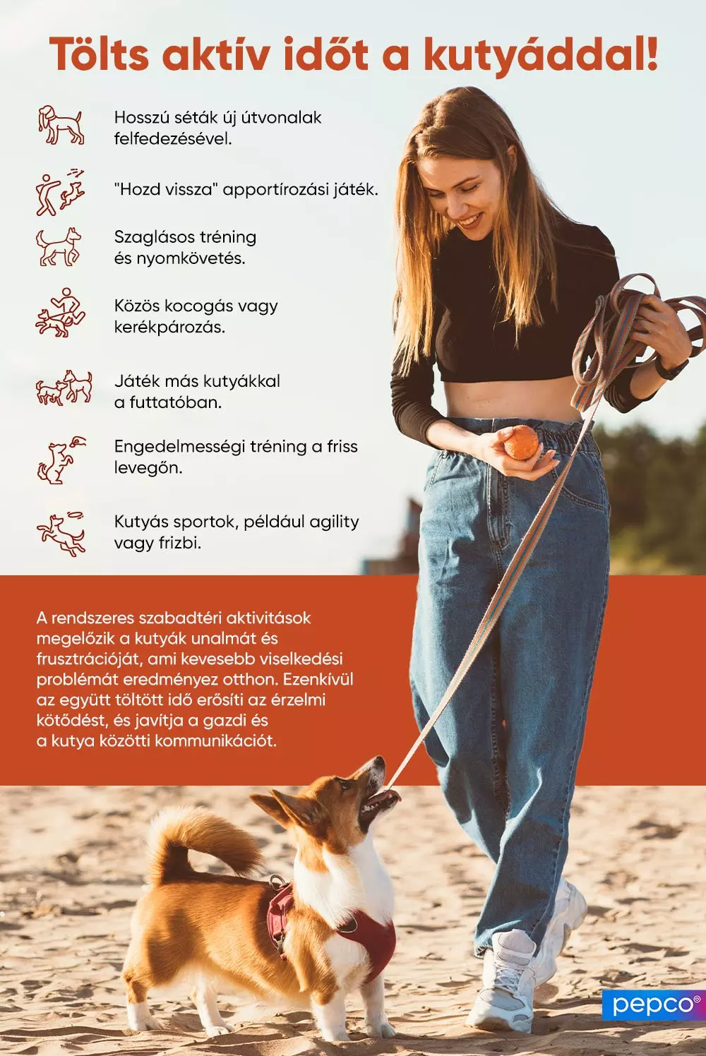 Mosolygó nő játszik kutyájával a tengerparton, labdával és pórázzal. Mellette kutyás aktivitásokat bemutató infografika látható.