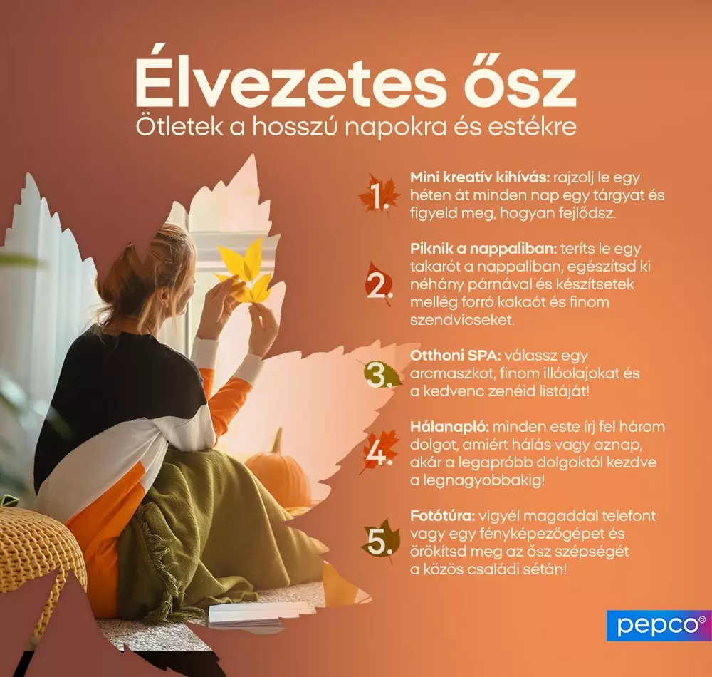 Nő sárga levéllel a kezében, őszi programötletekkel, köztük kreatív kihívás, piknik, otthoni spa és fotótúra a Pepco-tól.