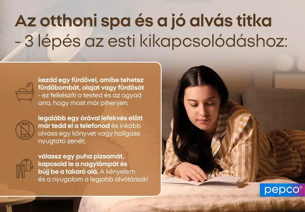 Nő olvas könyvet az ágyban, mellette otthoni spa és jó alvás tippek három lépésben a Pepco márkától.