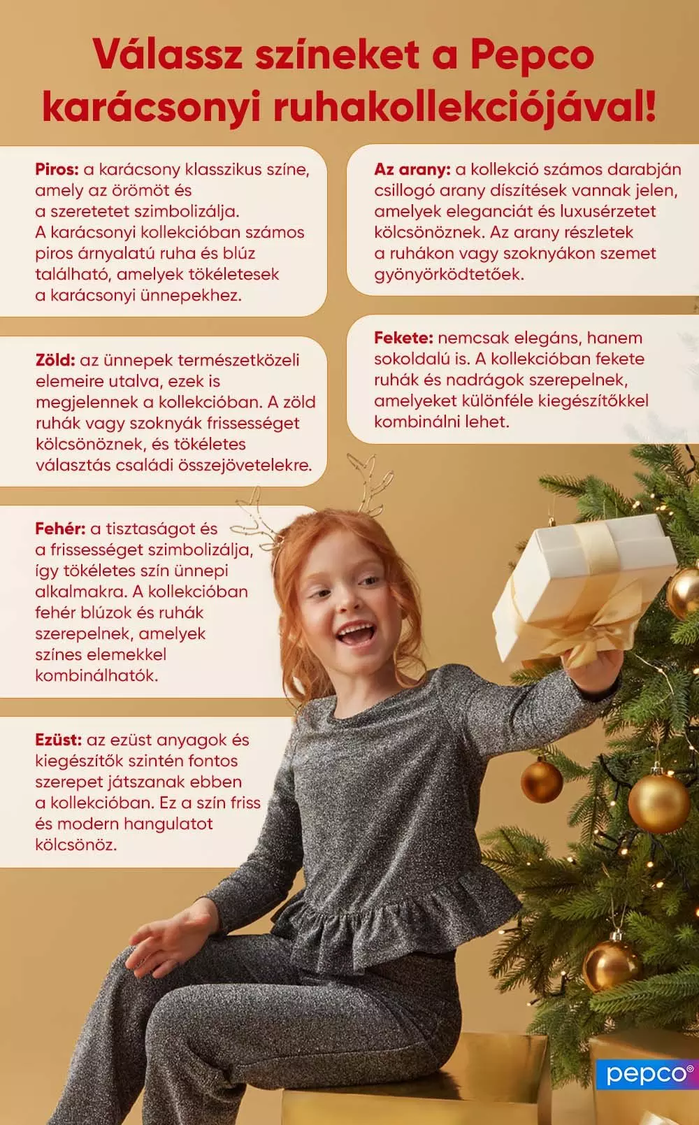 Gyermek ezüst csillogó ruhában ajándékot tart karácsonyfa mellett, miközben a Pepco karácsonyi ruhakollekciójának színeit mutatják be.