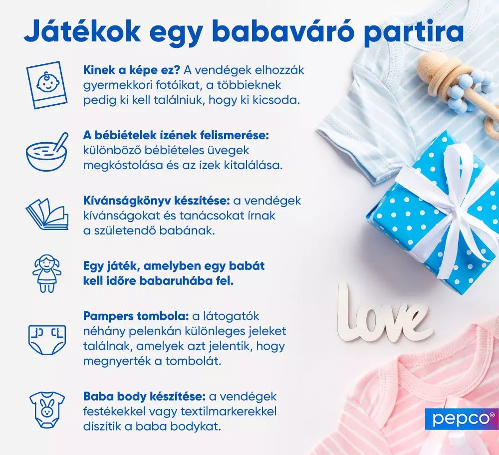 Babaváró parti játékötletek listája kék háttérrel, mellette babaruhák, kék pöttyös ajándékdoboz és fa csörgő látható.