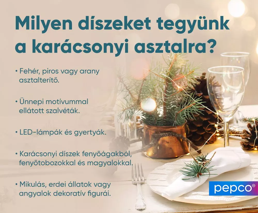 Karácsonyi asztaldíszítési ötletek fehér szalvétával, fenyőággal és poharakkal, ünnepi hangulatú terítési tanácsok a Pepco-tól.