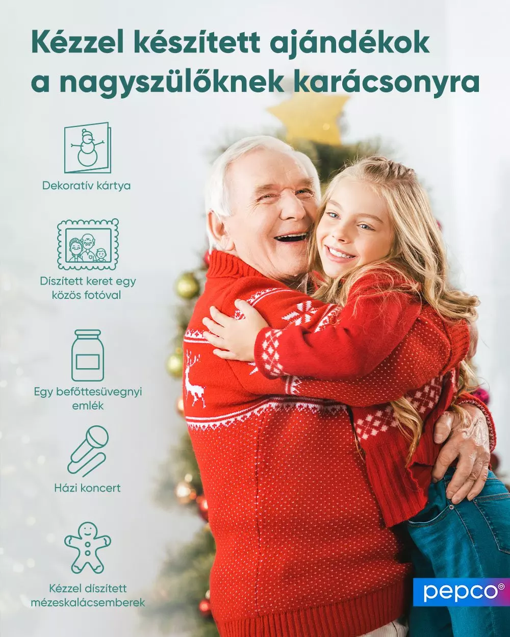 Idős és fiatal személy ölelik egymást piros karácsonyi pulóverben, miközben kézzel készített ajándékötletek láthatók a nagyszülőknek karácsonyra.