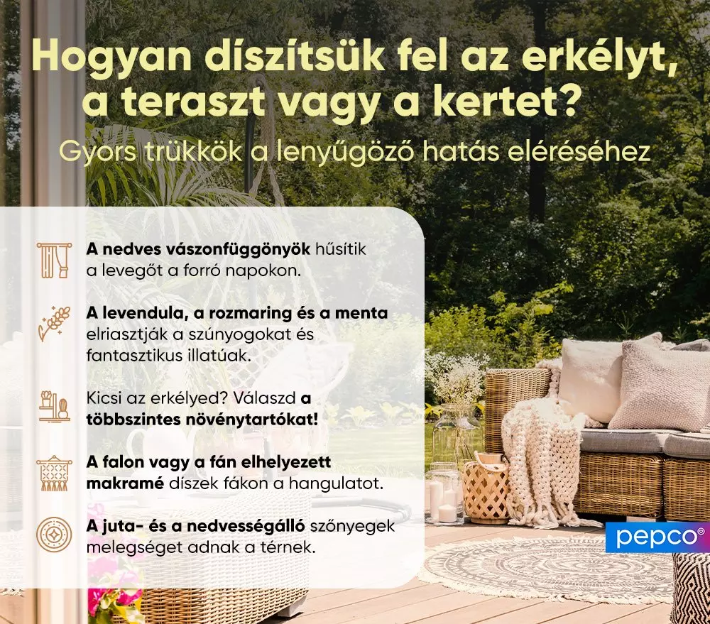 Erkély, terasz és kert díszítési tippek, kényelmes fonott kanapéval, párnákkal és dekoratív kiegészítőkkel.