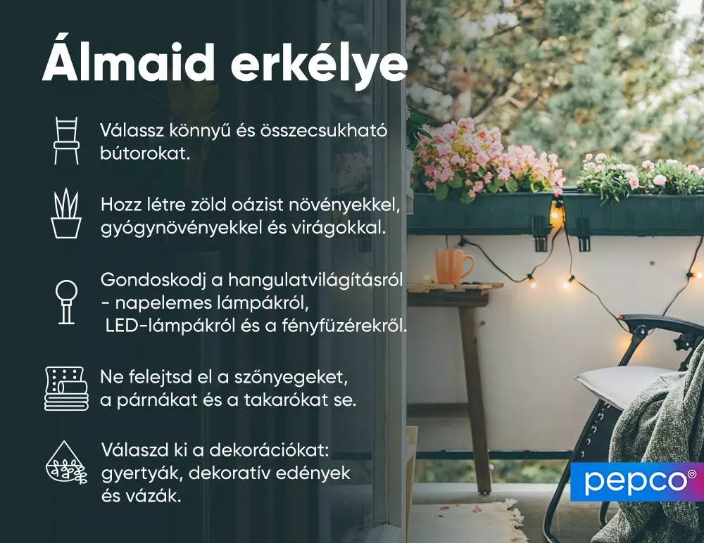 Hangulatos erkély virágládákkal, fényfüzérekkel és kényelmes bútorokkal, lakberendezési tippekkel az álomerkély kialakításához.