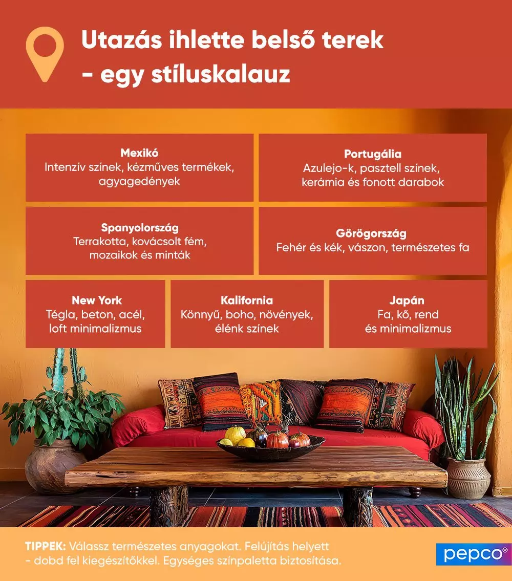 Utazás ihlette lakberendezési stíluskalauz különböző országok jellemző design elemeivel, mexikói stílusú nappali bemutatásával.