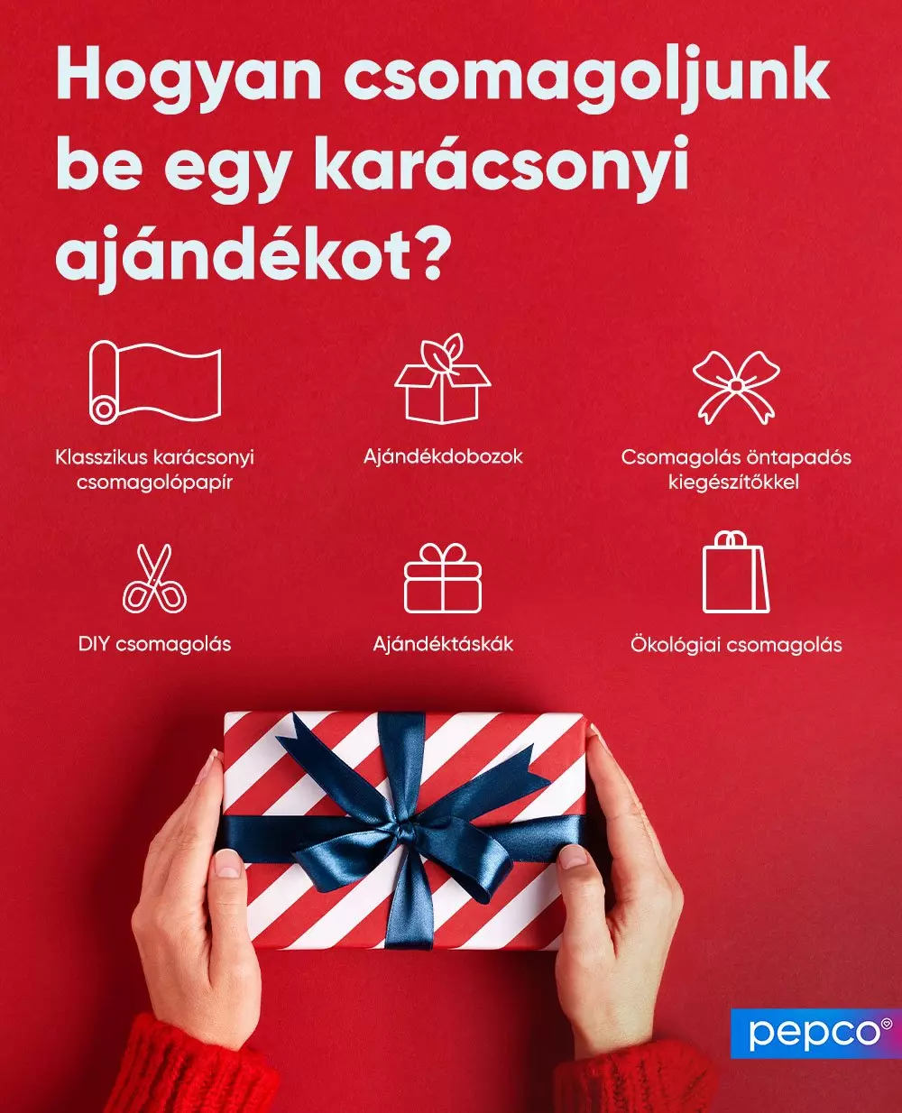 Karácsonyi ajándékcsomagolási útmutató ikonokkal és egy piros-fehér csíkos, kék masnival díszített ajándékdoboz.