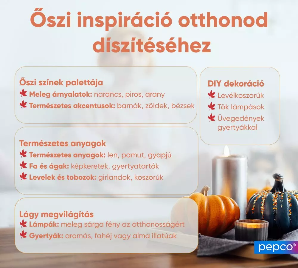 Őszi dekorációs útmutató színpalettával, természetes anyagokkal és DIY ötletekkel, tökökkel és gyertyákkal díszítve.