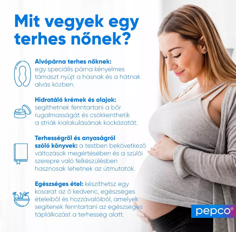 Várandós nő hasát fogja, mellette információk terhes nők számára hasznos termékekről és tippekről a Pepco-tól.