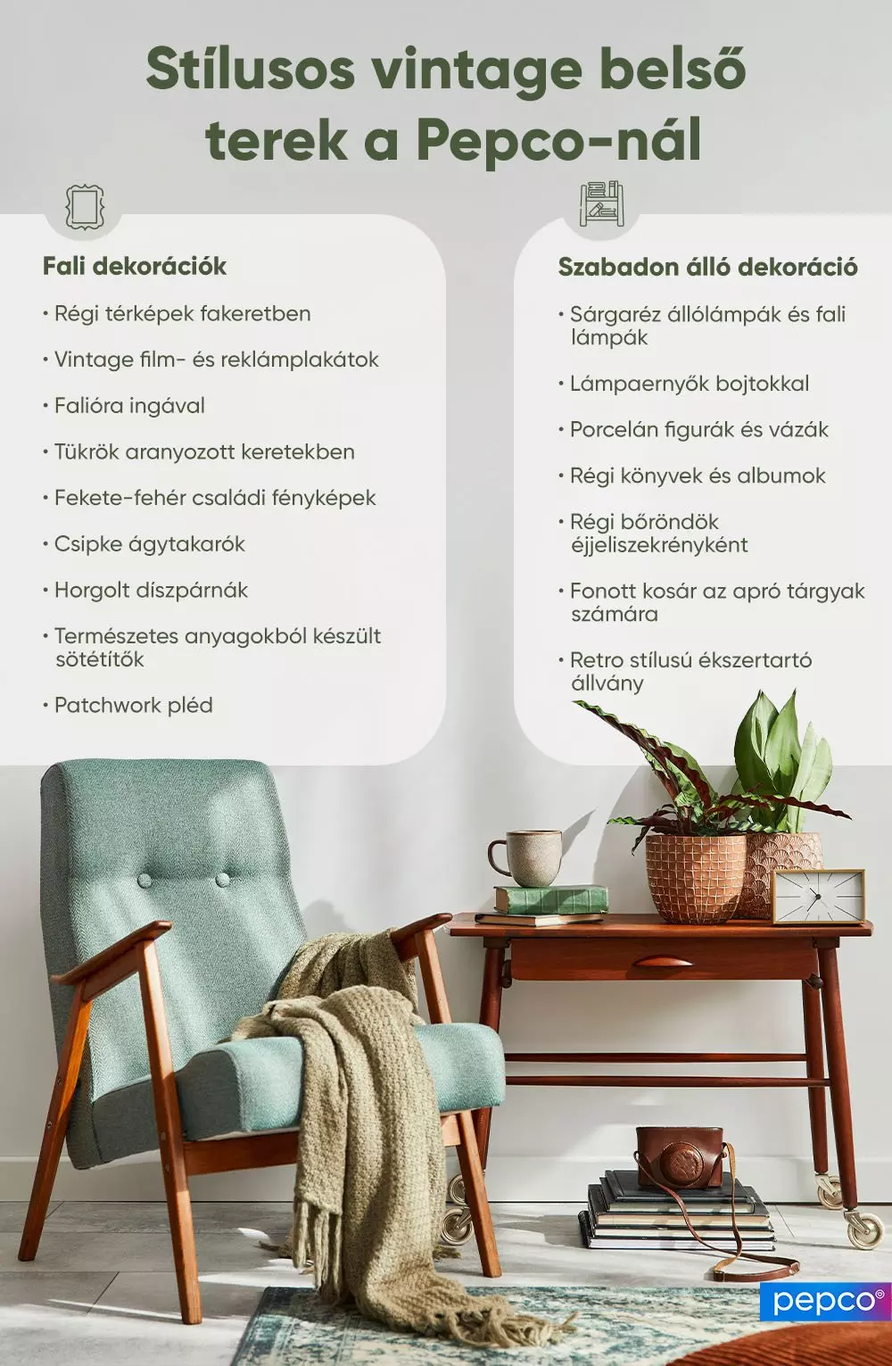 Stílusos vintage lakberendezési ötletek a Pepco-tól, kényelmes fotel és kisasztal növénnyel, órával és dekorációs elemekkel.