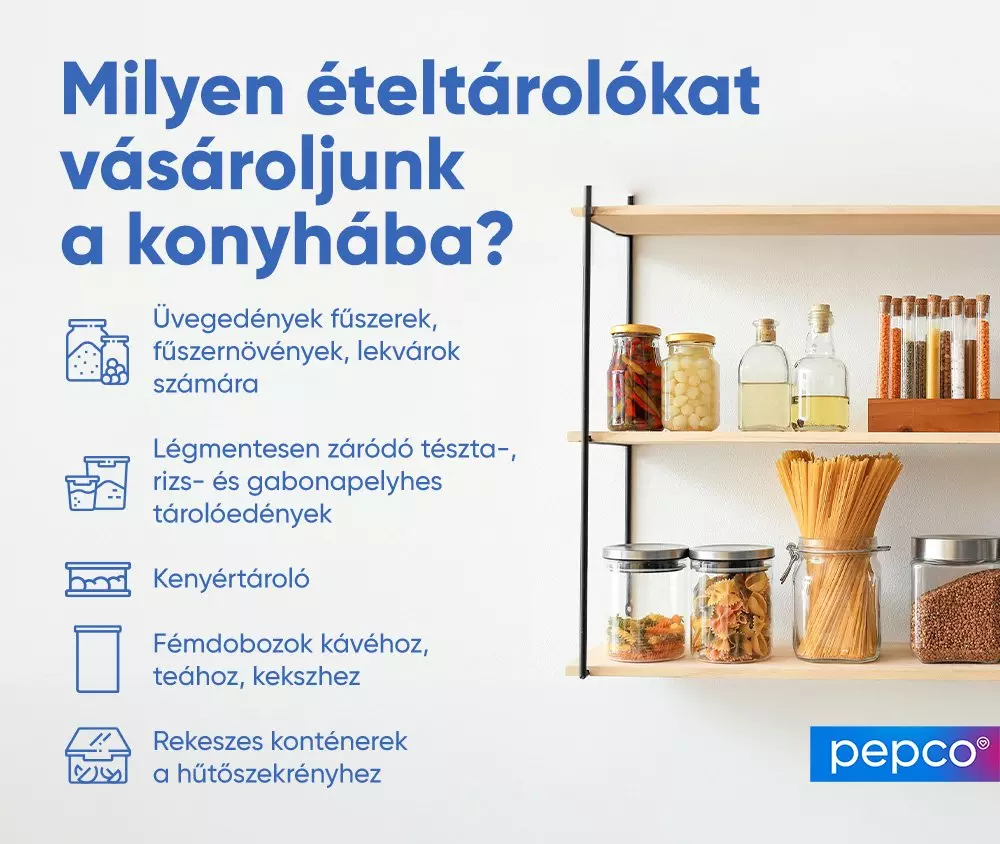Konyhai ételtárolási tippek Pepco-tól, polcon elrendezett üvegedényekkel, tésztával és fűszerekkel.