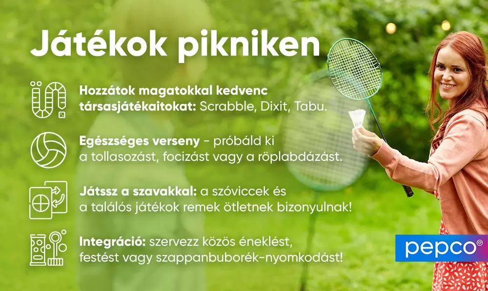 Pikniken játszható társasjátékok és sportok promóciója, tollaslabda ütővel és labdával, zöld háttérrel, Pepco logóval.