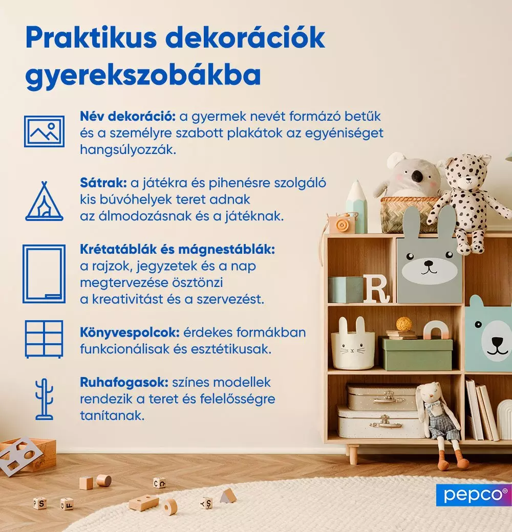 Praktikus gyerekszoba dekorációs ötletek infografikája, polcon játékokkal és tárolódobozokkal, a földön építőkockákkal.