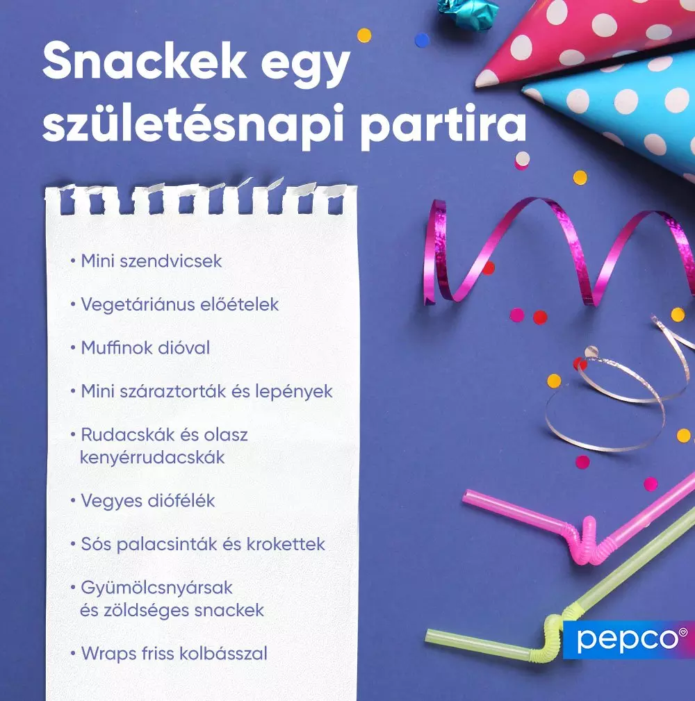 Születésnapi parti snacklista pöttyös partikalapokkal, szalagokkal és szívószálakkal díszítve, Pepco logóval.