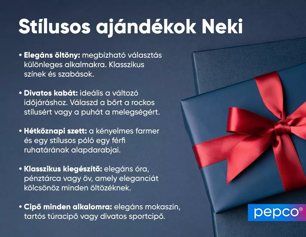 Kék ajándékdoboz piros szalaggal, mellette stílusos ajándékötletek férfiaknak a Pepco áruháztól.